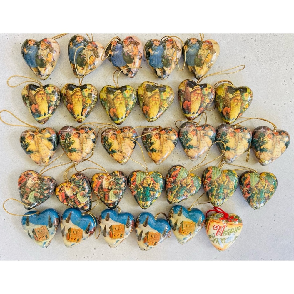 Set Of 31 Vintage Paper Mache Decoupage Heart Christmas Ornaments Made Taiwan